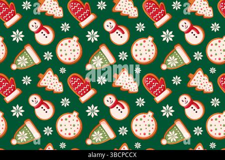 Motif de biscuit de pain d'épice sans couture de Noël avec bonhomme de neige de boulangerie festif, mitaine, chapeau, arbre et flocon de neige sur fond vert. Style dessin animé Illustration de Vecteur