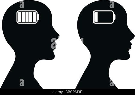silhouette humaine de santé mentale avec illustration vectorielle de batterie pleine et vide Illustration de Vecteur