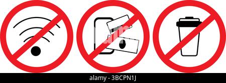 WiFi signe téléphone, carte ou paiement en espèces et icônes minimalistes de tasse jetable sous le signe d'interdiction. Illustration vectorielle isolée pictogramme autocollant pour les médias sociaux bannières thématiques, dépliants, cartes Illustration de Vecteur