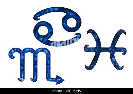 Aquarelle zodiaque signes du zodiaque de l'élément de l'eau : cancer, Scorpion, poissons. Ensemble bleu foncé de modèles de symboles astrologiques isolés sur Banque D'Images