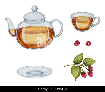 Théière avec tisane, framboises mûres, feuilles serties. Dessin aquarelle, idéal pour l'emballage de thé, les étiquettes de produits à base de plantes, le décor de cuisine et la conception liée à la nourriture. Banque D'Images