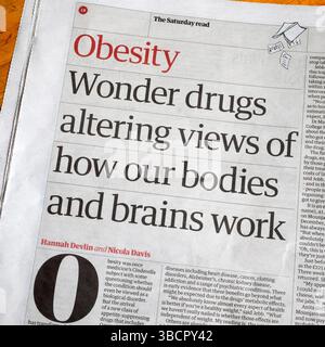 "OBÉSITÉ Wonder Drugs altérant les vues sur la façon dont nos corps et notre cerveau fonctionnent" titre du journal Guardian 17 mai 2025 Londres Royaume-Uni Banque D'Images