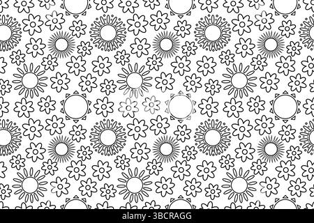 Dessiner la page de coloration sans couture d'été avec des fleurs et des soleils avec des rayons de différentes formes. Motif floral et soleil. Pour se divertir, Monoch d'été Illustration de Vecteur