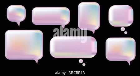 Jeu de bulles de parole rose 3d y2k. Conception d'illustration vectorielle réaliste. Ballon 3D style de symbole de signe de pensée. Métal, luxe, brillant, brillant, chat, dialogue, modèle de forme. Illustration de Vecteur