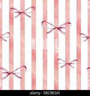 Rayures verticales roses avec texture de peinture et lavages avec des noeuds mignons. Illustration d'aquarelle dessinée à la main. Motif sans couture, ornement à carreaux répété Banque D'Images