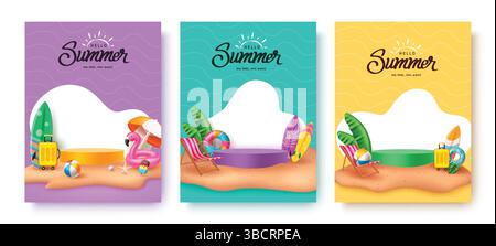 Texte de salutation d'été Hello avec des éléments vectoriels d'été, tropicaux et de voyage en arrière-plan de l'île, texte d'été Hello avec des éléments de podium et d'été. Illustration de Vecteur