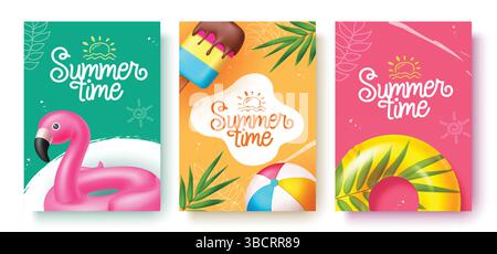 Conception d'affiche vectorielle de salutation d'heure d'été. Texte de voeux à l'heure d'été avec flotteurs colorés, Popsicle et éléments de décoration feuilles de palmier. Illustration de Vecteur