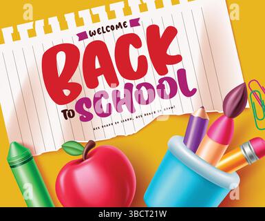 Bienvenue à l'école salutation clipart modèle de conception. Clip art de texte de vœux de retour à l'école avec des éléments éducatifs. Illustration de Vecteur