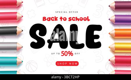 Bannière de modèle clipart de vente de retour à l'école. Texte de vente d'école avec des éléments éducatifs clip art dans l'illustration vectorielle de fond de motif blanc Illustration de Vecteur