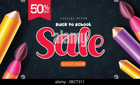Bannière de modèle clipart de vente de retour à l'école. Texte de vente d'école avec des éléments éducatifs clip art dans l'illustration vectorielle de fond de motif de tableau noir. Illustration de Vecteur