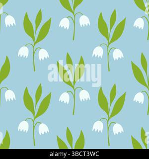 Lis de vallée Convallaria motif sur fond bleu, fleurs doodle. Motif floral d'été, clairière de forêt. Pour fond, emballage, papier peint, pac Illustration de Vecteur