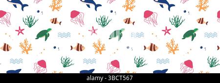 Motif sans couture de créature aquatique. Motif d'arrière-plan du jour de l'océan mondial. illustration vectorielle. Illustration de Vecteur
