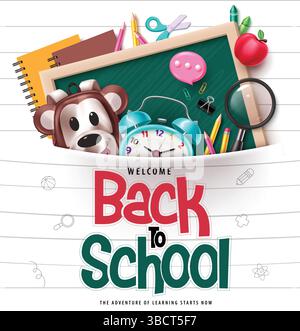 Design de modèle vectoriel de texte de retour à l'école. Bienvenue retour à la salutation de l'école dans le fond de modèle de papier avec des éléments vectoriels éducatifs. Illustration de Vecteur
