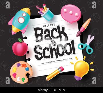 Design de modèle vectoriel de texte de retour à l'école. Bienvenue retour à la salutation de l'école dans le motif de papier et fond de motif noir avec des éléments éducatifs. Illustration de Vecteur