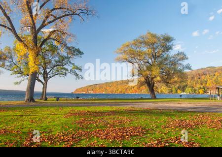 Clute Park sur le lac Seneca dans le coucher du soleil en fin d'après-midi en automne dans le nord de New york. Banque D'Images