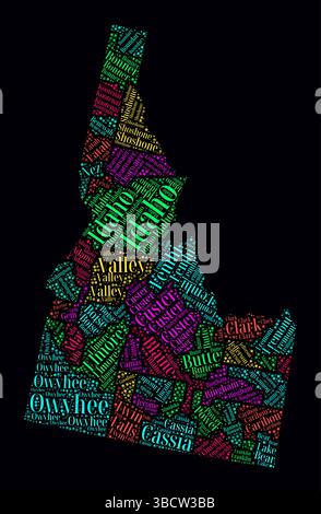 Idaho Word Cloud. Design de style néon lumineux sur fond sombre. Nuage de texte de noms de région. Forme de limite avec division administrative. Illustration de Vecteur