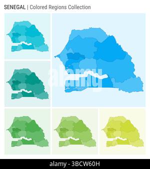Collection de cartes du Sénégal. Forme de pays avec régions colorées. Bleu clair, cyan, sarcelle, vert, vert clair, palettes de couleurs de chaux. Illustration de Vecteur