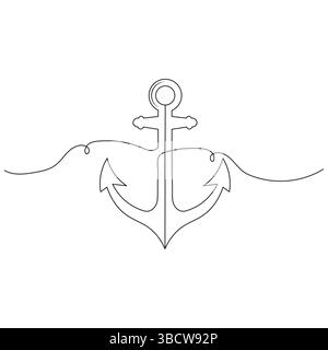 Illustration vectorielle de contour d'art à ligne unique continue d'ancre de navire Illustration de Vecteur