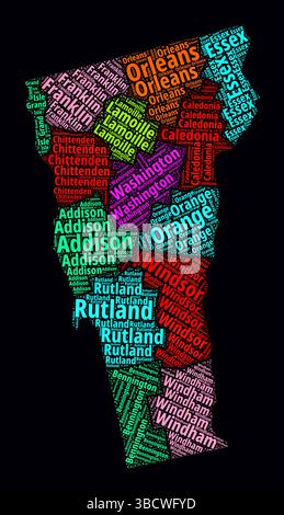 Nuages de mots des régions du Vermont. Design de style typographique lumineux sur fond sombre. La région du Vermont nomme des nuages de balises. Forme de limite. Illustration de Vecteur