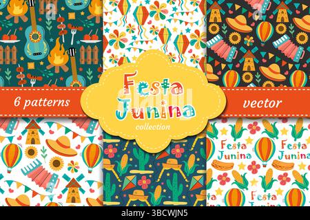 Motifs vectoriels festifs inspirés par la Festa Junina brésilienne. Comprend des guitares, des feux de joie, de la nourriture, des lanternes et des chapeaux de paille. Idéal pour les fêtes d'été Illustration de Vecteur