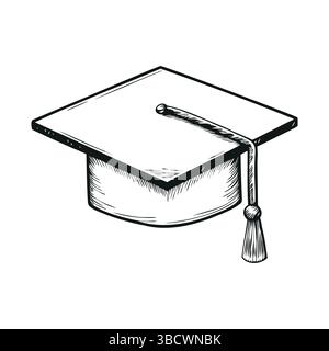 Casquette de graduation dans le style de gravure vintage dessiné à la main Illustration de Vecteur