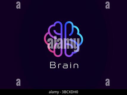 Conception de logo de cerveau, icône de lignes de style neuronal de néon brillant pour les systèmes d'IA, les réseaux neuronaux, la technologie intelligente, la science innovante et la marque de médecine. Vecteur Illustration de Vecteur