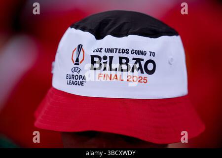 Bilbao, Espagne. 21 mai 2025. Gros plan d'une casquette de la finale de Bilbao 2025 lors de la finale de l'UEFA Europa League entre Tottenham Hotspur et Manchester United au stade San Mames le 21 mai 2025 à Bilbao, en Espagne. Crédit : Giuseppe Maffia/Alamy Live News Banque D'Images