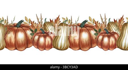 Bordure d'automne sans couture avec des citrouilles et des éléments floraux. Illustrations d'aquarelle faites à la main dans les couleurs jaune et orange. Pour l'emballage, les textiles Banque D'Images