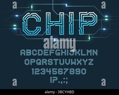 Police de type puce, lettres de l'alphabet vectoriel, chiffres et marques de ponctuation microcircuit bleu éclatant caractères majuscules abc, panneaux de style futuriste électriques fluorescents isolés sur fond sombre Illustration de Vecteur