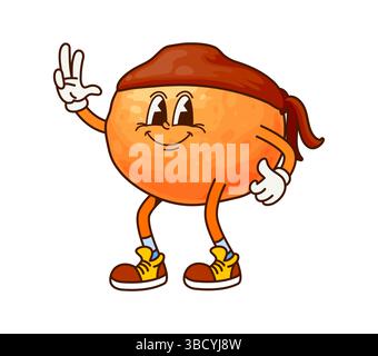Dessin animé groovy pirate de fruits orange ou caractère corsaire, personnage comique vectoriel. Groovy mandarine tropicale, pamplemousse ou fruit orange avec visage drôle comme personnage de dessin animé pirate dans corsaire bandana Illustration de Vecteur