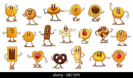 Biscuit groovy drôle et personnages de boulangerie, pâtisserie vectorielle. Des pépites de chocolat hippie rétro de dessin animé, des biscuits au sucre et au beurre. Craquelins groovy, bretzel, pain d'épices, sandwich et biscuits aux fleurs Illustration de Vecteur