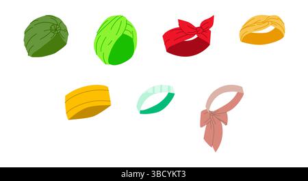 Ensemble de bandeau - Turban Scarf Tie foulard Summer Head accessoire mode vêtements illustration technique. Casque vectoriel pour hommes, femmes, unisexe, modèle plat CAD maquette contour d'esquisse isolé Illustration de Vecteur