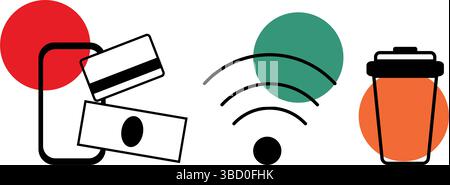 Icône minimaliste de concept de paiement numérique avec accent coloré téléphone avec tasse à café WiFi signe de paiement. Isolated Vector illustration logo Sticker icône idéal pour les cartes, bannière, dépliant, étiquette, étiquette de prix Illustration de Vecteur