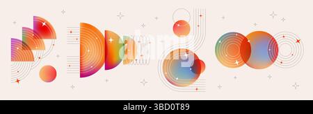 Éléments de conception abstraits Bauhaus pour affiche musicale - demi-cercles et sphères de gradient colorés avec des lignes et des étoiles. Formes graphiques géométriques dynamiques modernes lumineuses, arrière-plan d'illustration vectorielle rétro Illustration de Vecteur