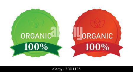 Deux badges biologiques – étiquettes 100 % biologiques en ruban vert vif et rouge Illustration de Vecteur