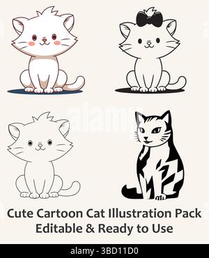 Cute Cartoon Cat illustration Pack vecteur adorable Kitten Character Set modifiable Kawaii Cat Outline et illustrations en couleur Cats de dessin animé mignons Illustration de Vecteur