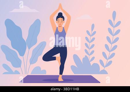 Yoga Tree pose illustration femme dans Vrikshasana Vector Art Balance et méditation Yoga pose Fitness illustration Yoga Tree pose Yoga Asana Tree pose Illustration de Vecteur