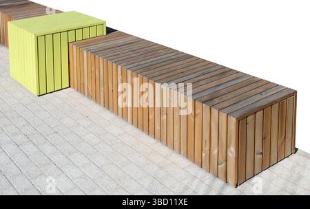 Banc rectangulaire en bois pour se reposer dans le parc public. Isolé sur blanc Banque D'Images