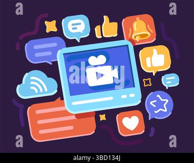 Icônes des médias sociaux, symbolisant la communication et le marketing numérique. Vlogging et contenu vidéo en ligne Illustration de Vecteur