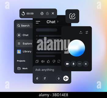 Chatbot d'intelligence artificielle générative dans le téléphone portable. Interface AI. Options Assistant vocal et Chat. Le tableau de bord en mode sombre affiche la navigation, SEAR Illustration de Vecteur