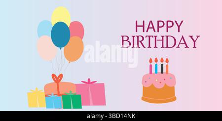 Bannière d'anniversaire dégradé avec ballons, gâteau et cadeaux Illustration de Vecteur
