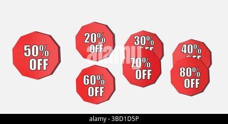Bannière d'étiquette de réduction avec pourcentage de vente différent. Étiquettes de vente – 20% à 80% de réduction promotionnelle Red Labe promotion logo set illustration vectorielle Illustration de Vecteur