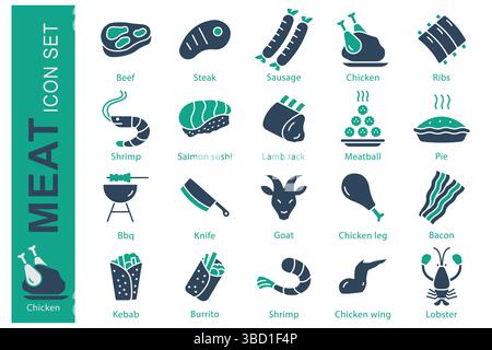 Icône de viande définie. style d'icône unie. contient du bœuf icon, du steak, de la viande de poulet et plus encore. illustration vectorielle d'élément alimentaire Illustration de Vecteur