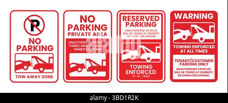 Jeu d'enseignes de remorquage. Signalisation de service de voiture de remorquage de camion, panneau, signe, icône, logo. Pas de stationnement, zone de remorquage, parking privé, remorquage obligatoire. Illustration de Vecteur