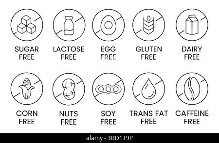 Définir des icônes sans allergène. Produits exempts d'allergènes. Symboles d'avertissement des produits. Lactose, gluten, sucre, maïs, oeuf, gras trans, soja, noix sans, signe de caféine. Illustration de Vecteur