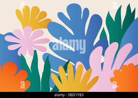 Fond d'art botanique abstrait. Design simple avec des feuilles et des fleurs à la main. Toile de fond colorée contemporaine dans un style naïf Illustration de Vecteur