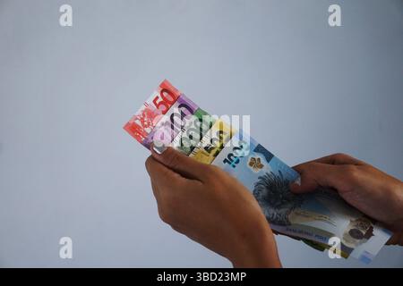 Une main tenant plusieurs billets de peso philippin de différentes coupures, montrant des détails et des couleurs typiques de la monnaie philippine. Banque D'Images