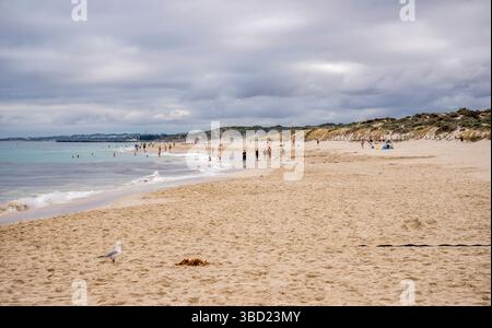Scène de plage de Mullaloo bondée avec mouette sur sable blanc dans un jour nuageux, Perth, Australie, 12 avril 2020 Banque D'Images