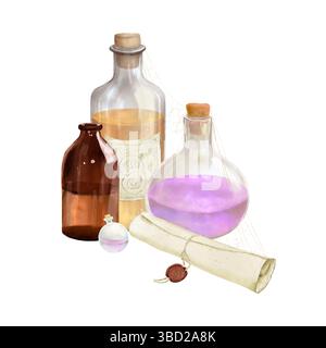 Flacons en verre avec divers liquides et vieux rouleau avec sceau de cire. Illustration aquarelle. bouteilles en verre et parchemin de recette de sorts isolés sur bac blanc Banque D'Images