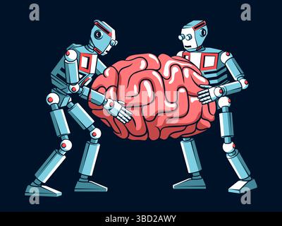 Deux robots tenant le cerveau - vecteur de concept d'intelligence artificielle et d'apprentissage automatique Illustration de Vecteur